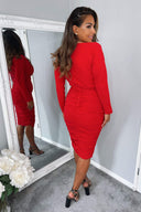 Red Wide Neck Ruched Bodycon Dress